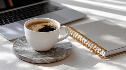 Office desk flat lay showcases laptop, coffee, and planner, sparking productive and organized feeling in this workspace setting