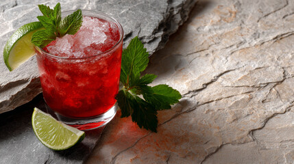 Here string array with description and keywords for image, following all instructions Cocktail is refreshing, vibrant, and looks delicious stone background, promising burst of flavor every sip