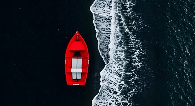 Aerial view of a bright red rowboat against dark sand and white ocean foam.