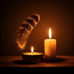 A serene scene featuring a lit candle and a feather quill in a dimly lit environment creating a peaceful and contemplative atmosphere