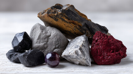 Earth minerals are grouped and presented on white background, showcasing their unique textures and colors, creating visually appealing and educational display