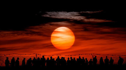 People silhouettes watch crisis centered sunset background, filled with solemn emotion before twilight descends