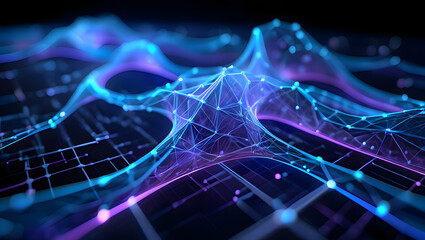 Abstract digital landscape of a glowing neural network plexus representing artificial intelligence and big data connections