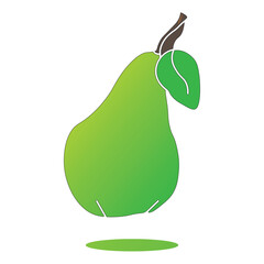 Stylized green pear vector illustration with a leaf and stem on a clean background, fruit