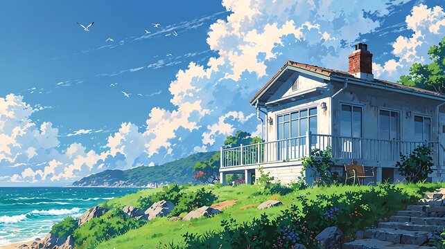 Anime style illustration of a charming seaside house overlooking a vibrant blue ocean with fluffy clouds and flying seagulls. - Powered by Adobe