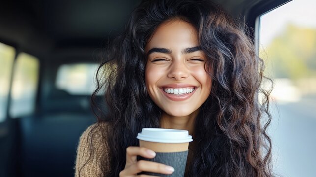 Young woman with curly hair showing joy, holding a coffee cup inside a vehicle