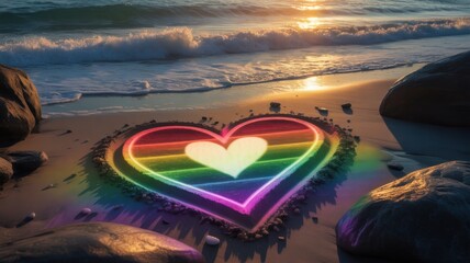 Heart of Pride: A vibrant rainbow heart drawn in the sand, symbolizes love, acceptance, and the beauty of diversity. Set against the backdrop of a serene beach at sunset.