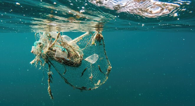Entangled fishing net filled with plastic debris pollutes the ocean, a stark visual of environmental crisis and marine pollution threatening ecosystems and wildlife.
