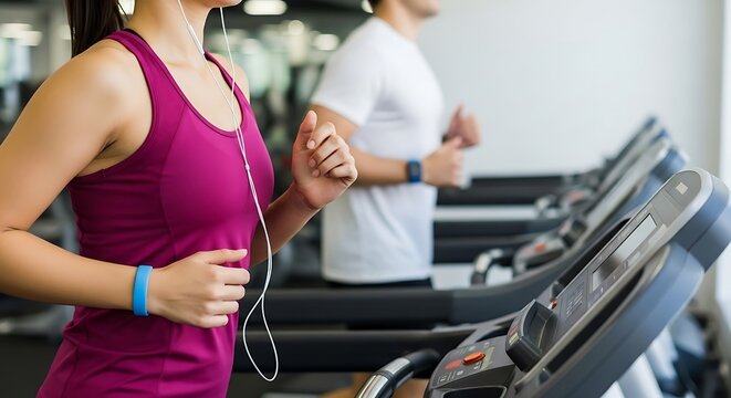Two people running on treadmills in a gym.
