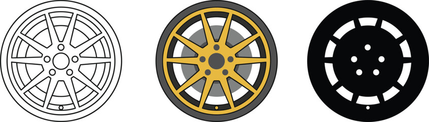 Obraz premium Single Car Wheel and Rim Icon Set - Outline, Color, and Silhouette Vector