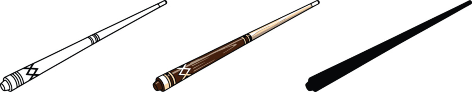 Wooden Billiard or Pool Cue Stick Icon Set - Outline, Color, and Silhouette Vector