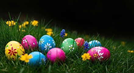 Colorful decorated eggs nestled in fresh green grass with vibrant spring flowers, symbolizing new beginnings and joyful celebrations ,decorated ,bright ,purple