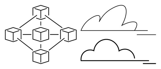 Interconnected cubes representing a blockchain network alongside two cloud icons. Ideal for technology, networking, blockchain, cloud computing, data sharing, security, innovation. Simple flat
