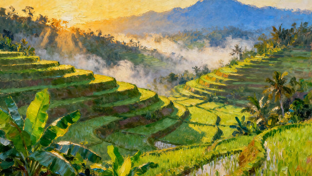 oil painting of green rice terraces nature landscape
