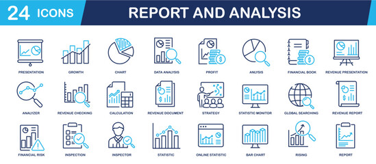 Set of collection line icons related Report and Analysis. Editable stroke. Perfect pixel on transparent background