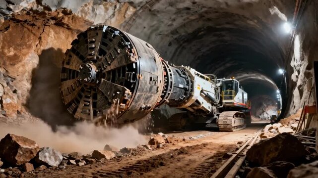 Medium shot of a tunnel boring machine carving through rocky terrain dust and debris flying as the massive drill advances deep underground.