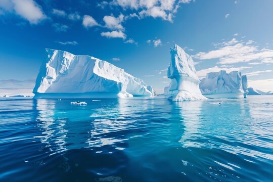 A group of icebergs floating in the ocean under a blue sky