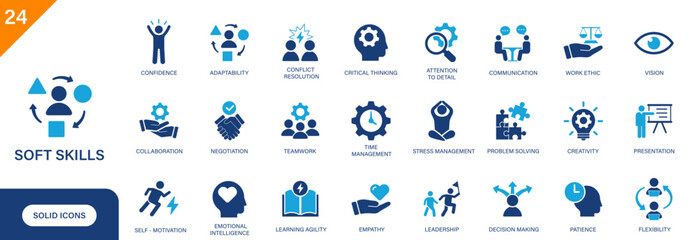 Soft skills icon. Including problem solving, thinking, presentation, flexibility, teamwork. Solid vector icon set.