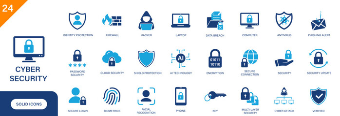 Cyber ​​security icon. Includes security, phishing alert, antivirus, cyber attack, password security. Solid vector icon set.