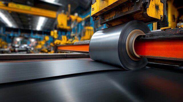 Medium angle of a highspeed aluminum coil slitting process focused on the smooth clean edges of the slit metal strips emerging from the machine.