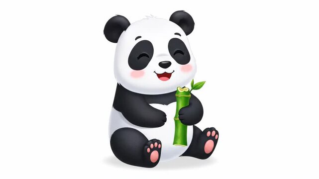 Cute cartoon panda bear character eating bamboo animation.