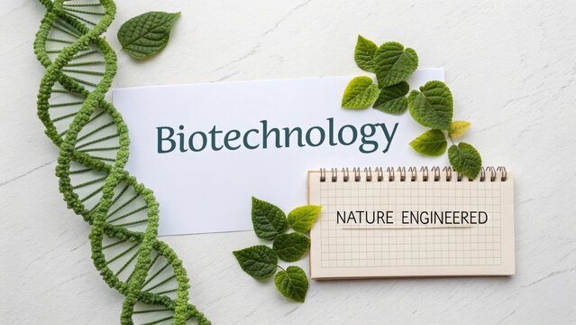 Biotechnology theme featuring DNA helix and nature elements