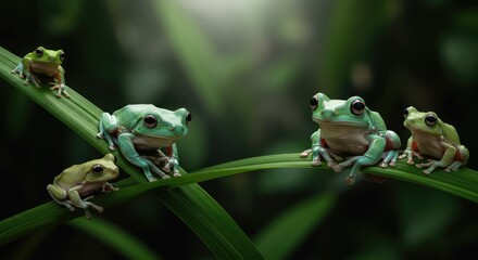 Adorable group of vibrant green tree frogs perched on lush jungle foliage bathed in soft natural sunlight, showcasing nature's beauty and tranquility.