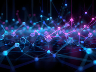 Dynamic abstract background featuring a vibrant network of glowing interconnected nodes and lines, symbolizing complex digital data streams, artificial intelligence, and future technology