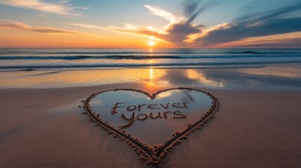 Eternal Devotion at Sunset: A heart-shaped message forever yours etched in the sand, under a stunning sunset. The perfect visual representation of timeless love and devotion.