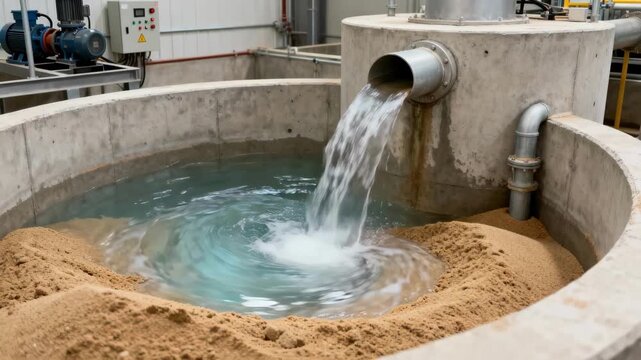 Medium shot of a vortex grit chamber efficiently separating grit and sand from water flow to safeguard industrial equipment and enhance process longevity.