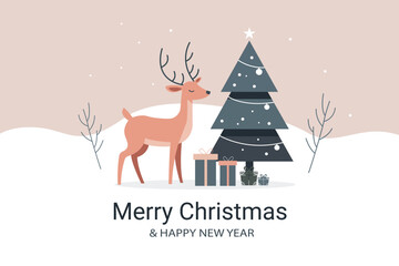 A simple Christmas flat illustration with a reindeer, decorated tree, snow, and gift boxes. Ideal for holiday cards and winter-themed designs.