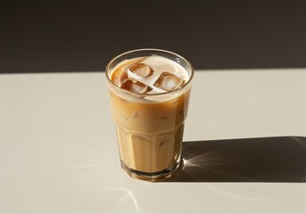 Creamy iced coffee beverage on a sun-drenched surface, evoking tranquil summer mornings and relaxed, warm-toned vibes ,serene ,creamy beverage ,golden