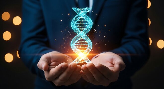 Man holding glowing DNA double helix in hands, representing genetic research and biotechnology.