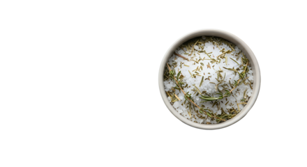 Bowl of Sea Salt with Herbs Isolated on Black Background