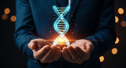 Man holding glowing DNA double helix, representing genetic research and biotechnology.