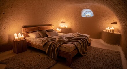 Cozy bedroom in a cave with candles