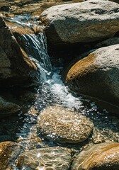 Crystal clear mountain spring water cascades over smooth rocks, reflecting natural light. A pristine, healthy natural resource vital for all life ,resource ,life ,essential