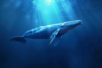 Fototapeta premium A blue whale swimming in the ocean with sunlight shining through the water
