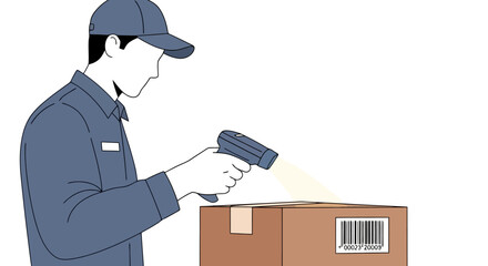 Delivery Worker Scanning a Package with a Handheld Device in a Warehouse