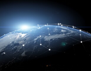 A digital representation of Earth from space with glowing connections and networks against a dark background, symbolizing global digital Spain technology.
