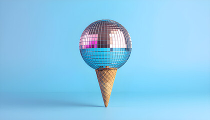 Creative fusion of disco ball and ice cream cone, placed on a vivid blue backdrop