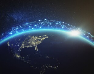A nighttime satellite view of North America with a glowing blue network of digital connections across the curved horizon, set against a starry space background with a bright sun or moon