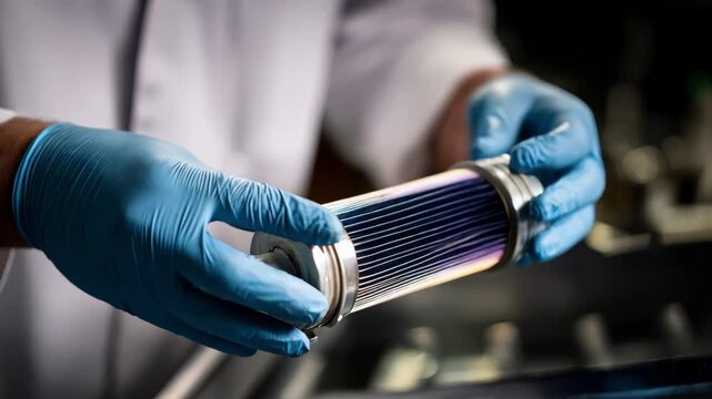 Closeup of a technician carefully cleaning a ceramic anilox roller to maintain precise ink distribution for highquality printing results.