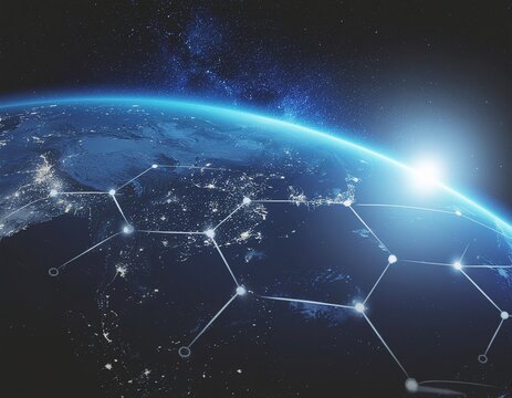 A stunning view of Earth from space with a network of glowing connections and nodes overlaid on the digital representation of Spain at sunrise or sunset with a dark background. - Powered by Adobe