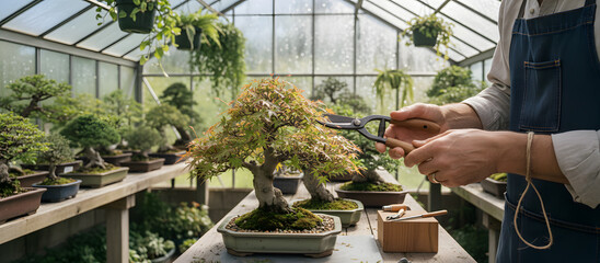 Pruning bonsai trees in a lush greenhouse during early morning light