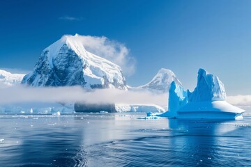 A large iceberg floating in the ocean with mountains in the background