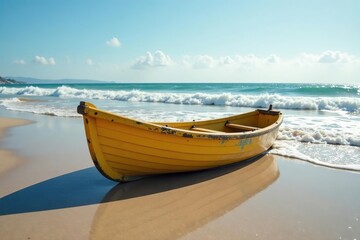 Weathered Plastic Rowboat Rocking Gently on a Sun-Drenched Beach, a poignant image depicting the environmental impact of plastic pollution on coastal ecosystems.