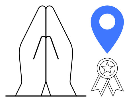 Praying hands alongside a blue location marker and award ribbon with a star. Ideal for spirituality, gratitude, guidance, success, loyalty, achievement, and focus on goals. Simple flat metaphor