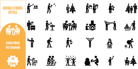 Christmas Pictogram editable icon pack of 24 including Festive Silhouettes and Holiday Activities