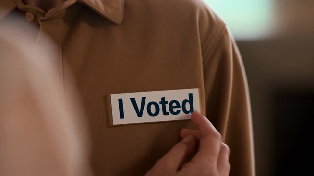 Hand Placing an I Voted Sticker on Shirt in Soft Cinematic Close Shot